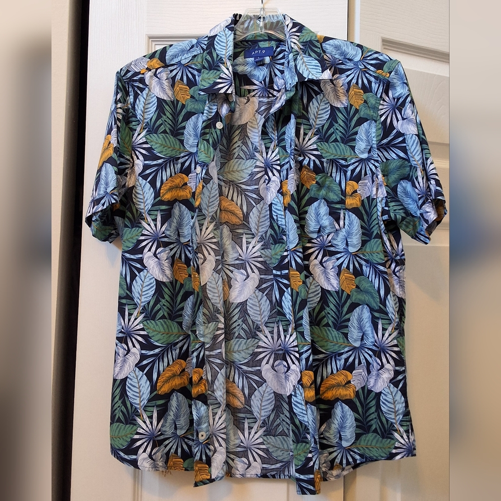 Apt. 9 Short-Sleeve Tropical Leaf Button-Down Shirt - Navy, Blue, Green, Gold
